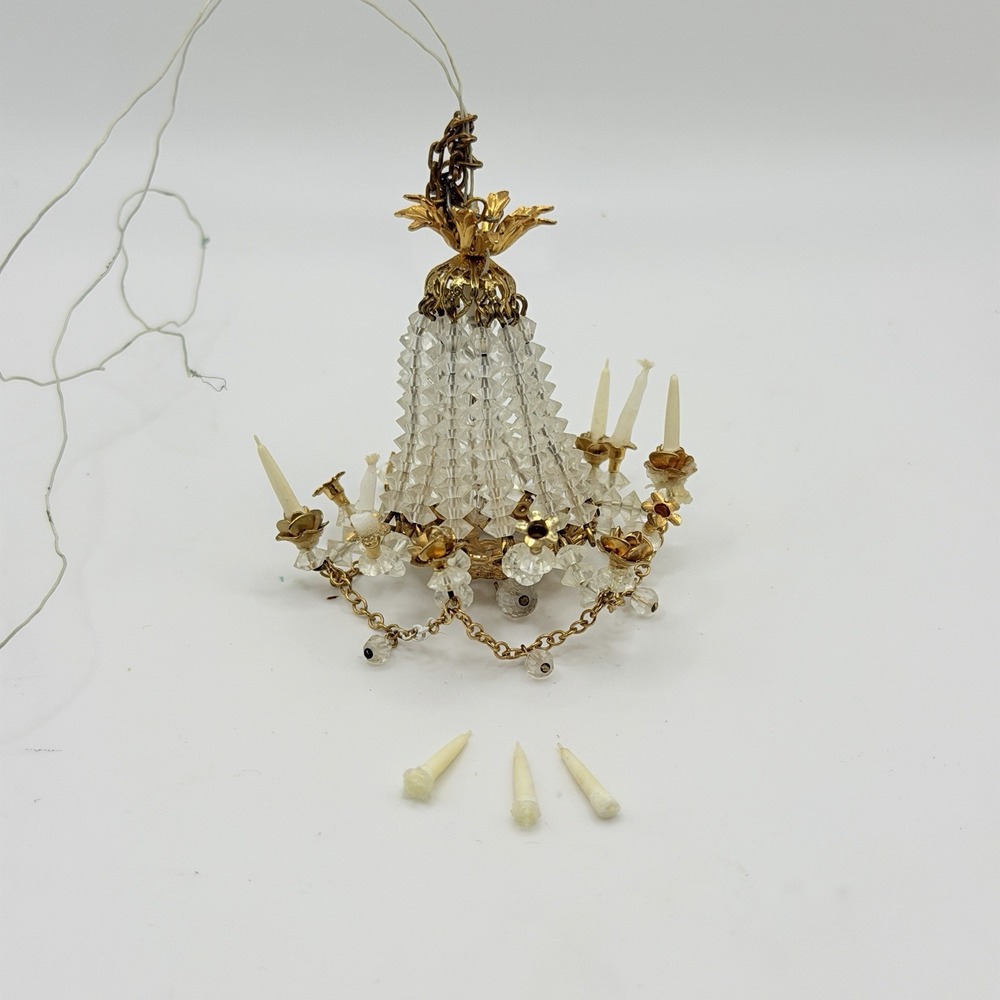 Dollhouse Miniatures 12 Arm Crystal Chandelier Vintage Handcrafted Ornate Gold